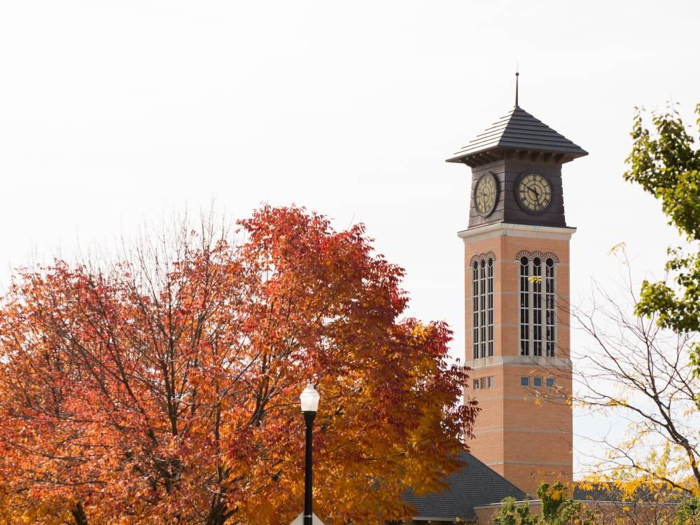 View of the Beckering Family Carillon Tower at Richard M. DeVos Center, which is outside the Education offices.